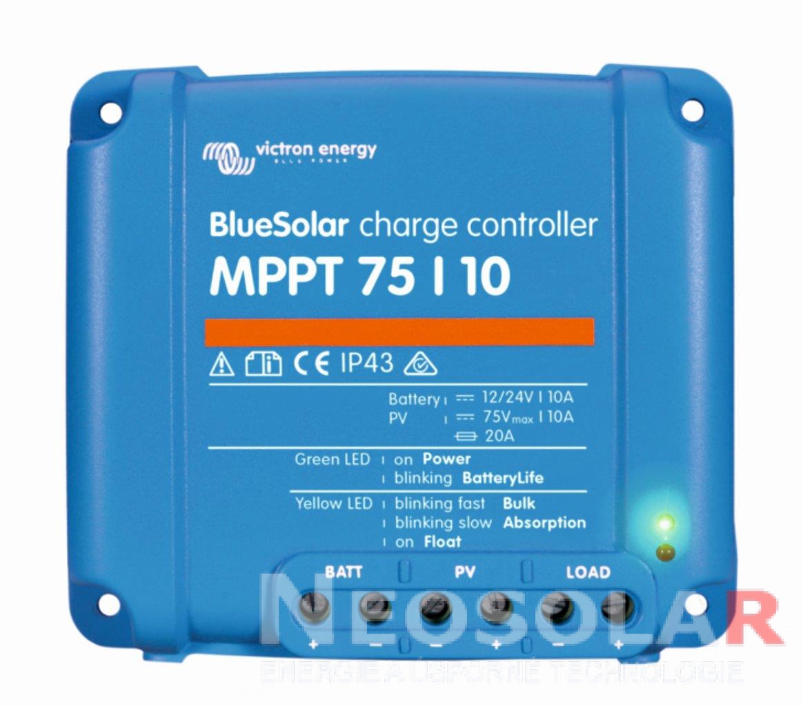MPPT regulátor Victron Energy 75/10 Robustní a rychlý MPPT regulátor pro náročné podmínky s napětím panelů až 75 V, maximální nabíjecí proud 10 A. Baterie 12/24V, FV max 145/290Wp. Plná záruka 5 let.