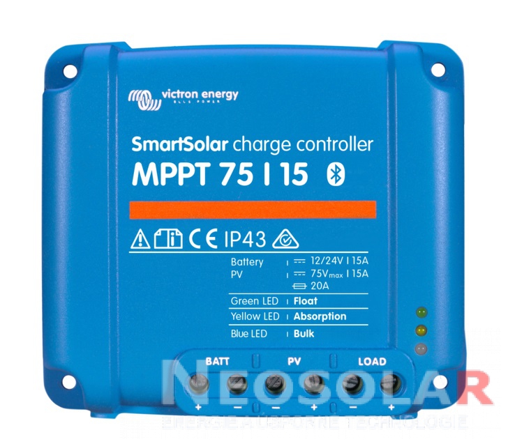MPPT SMART regulátor Victron Energy 75/15 Robustní a rychlý MPPT regulátor pro náročné podmínky s napětím panelů až 75 V, maximální nabíjecí proud 15 A. Baterie 12/24V, FV max 220/440Wp. Plná záruka 5 let. Integrovaný bluetooth.
