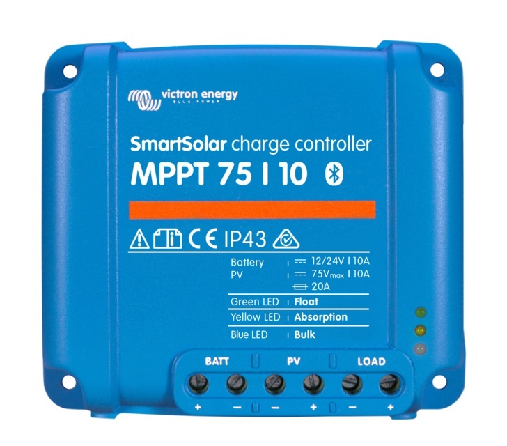 MPPT SMART regulátor Victron Energy 75/10 Robustní a rychlý MPPT regulátor pro náročné podmínky s napětím panelů až 75 V, maximální nabíjecí proud 10 A. Baterie 12/24V, FV max 145/290Wp. Plná záruka 5 let. Integrovaný bluetooth.